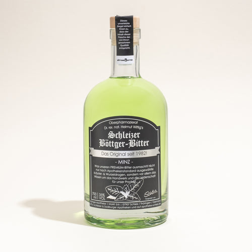 700ml Flasche Schleizer Böttger-Bitter Minz Edition mit leuchtend grüner Farbe.